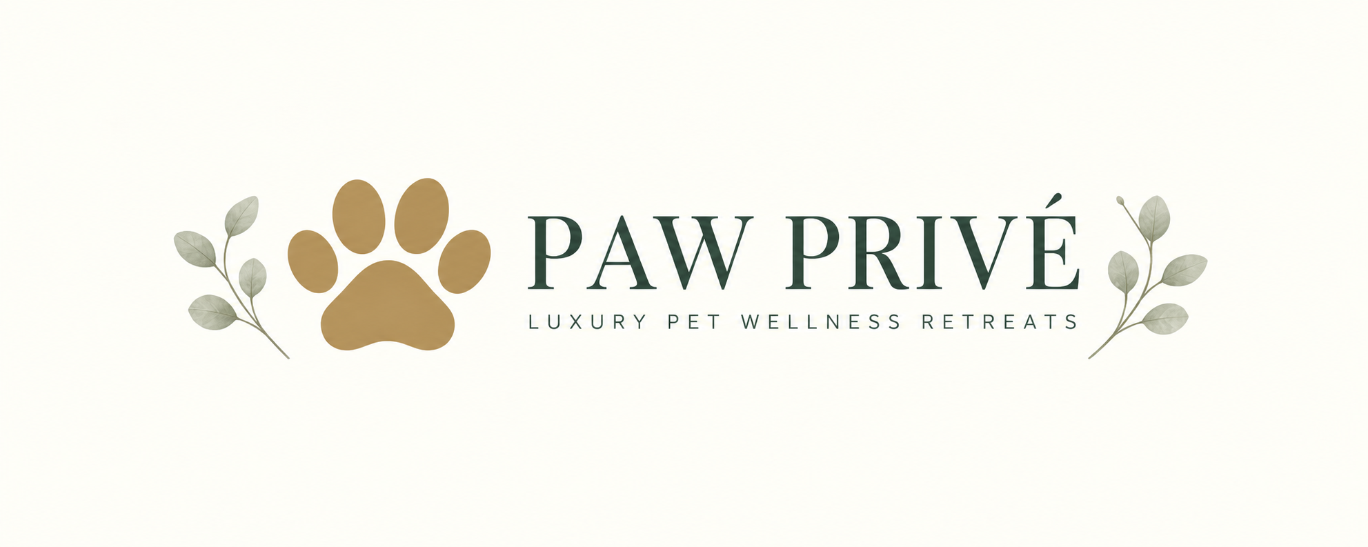 PAW PRIVÉ — champagne-gold paw and eucalyptus, Luxury Pet Wellness Retreats